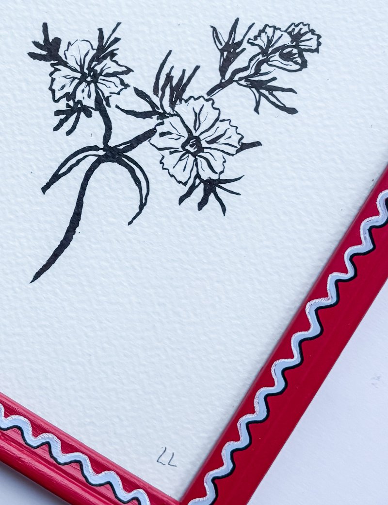 SWEET WILLIAM ORIGINAL INK ARTWORK IN A HAND PAINTED RED AND BLUE FRAME