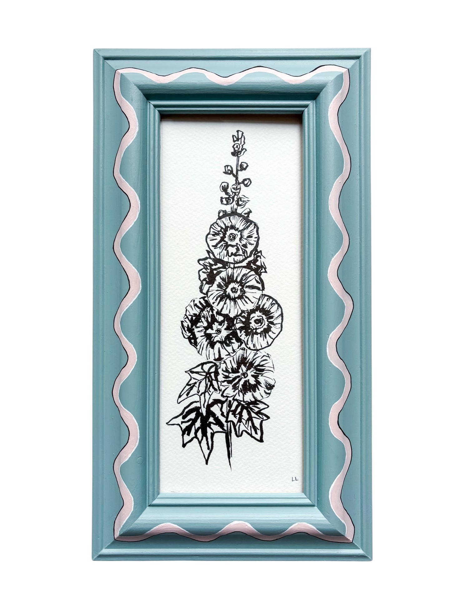 HOLLYHOCK ORIGINAL INK ARTWORK IN A HAND PAINTED BLUE AND PINK PRELOVED FRAME