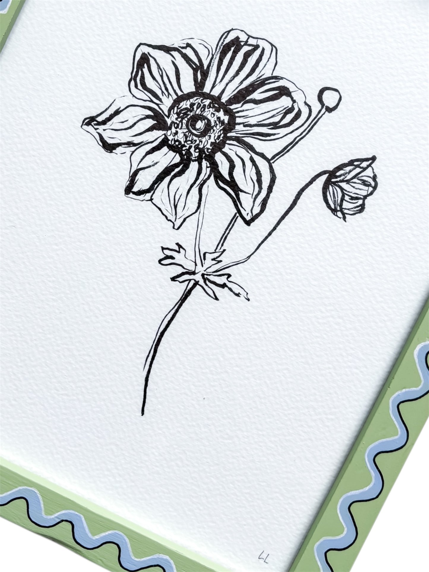 JAPANESE ANEMONE ORIGINAL INK ARTWORK IN A HAND PAINTED GREEN AND BLUE PRELOVED FRAME
