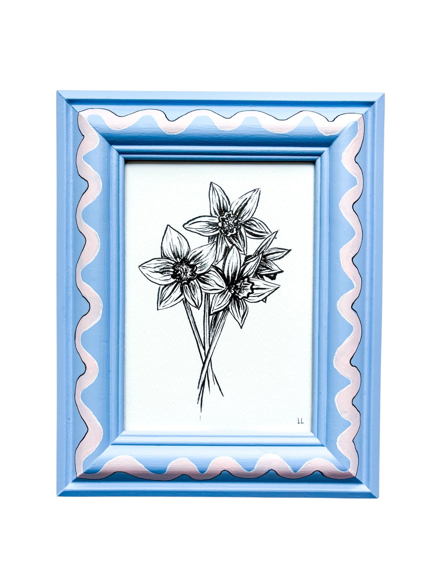 DAFFODILS ORIGINAL INK ARTWORK IN A HAND PAINTED BLUE AND PINK PRELOVED FRAME