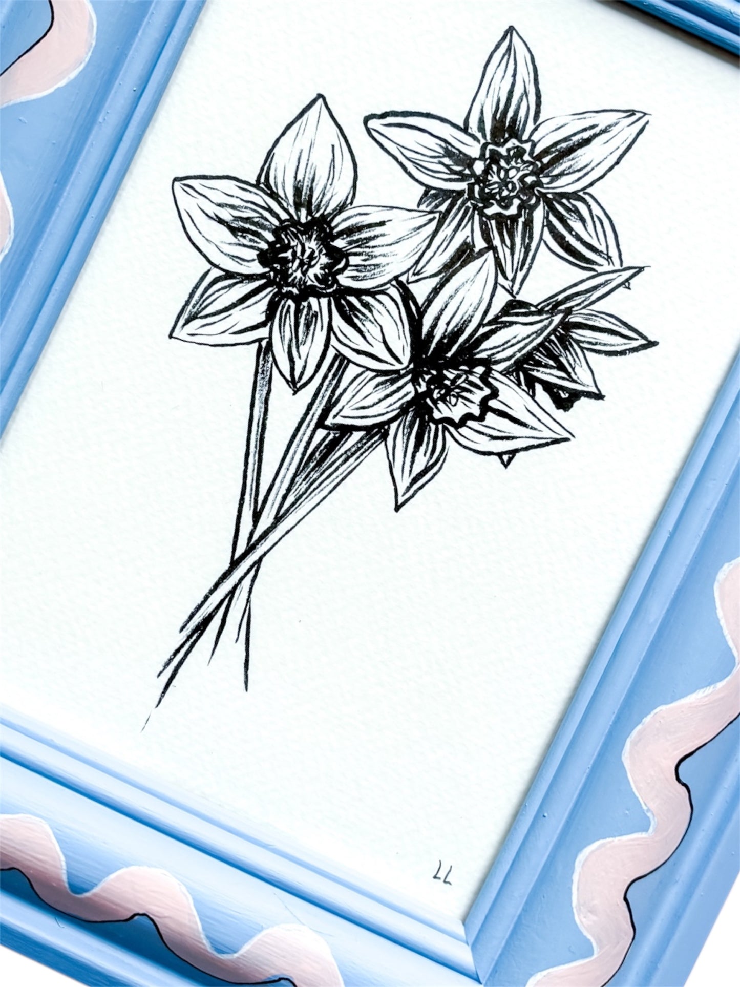 DAFFODILS ORIGINAL INK ARTWORK IN A HAND PAINTED BLUE AND PINK PRELOVED FRAME