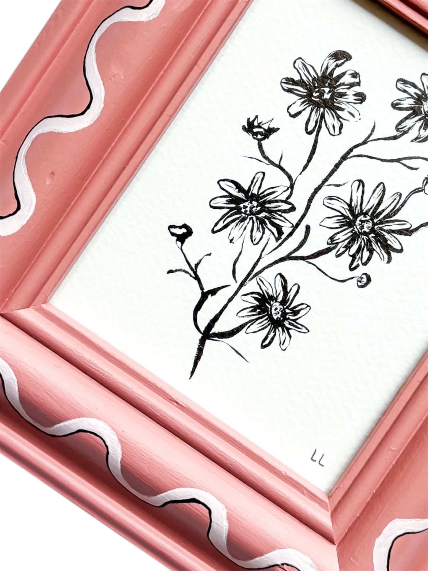DAISY ORIGINAL INK ARTWORK IN A HAND PAINTED PINK PRELOVED FRAME