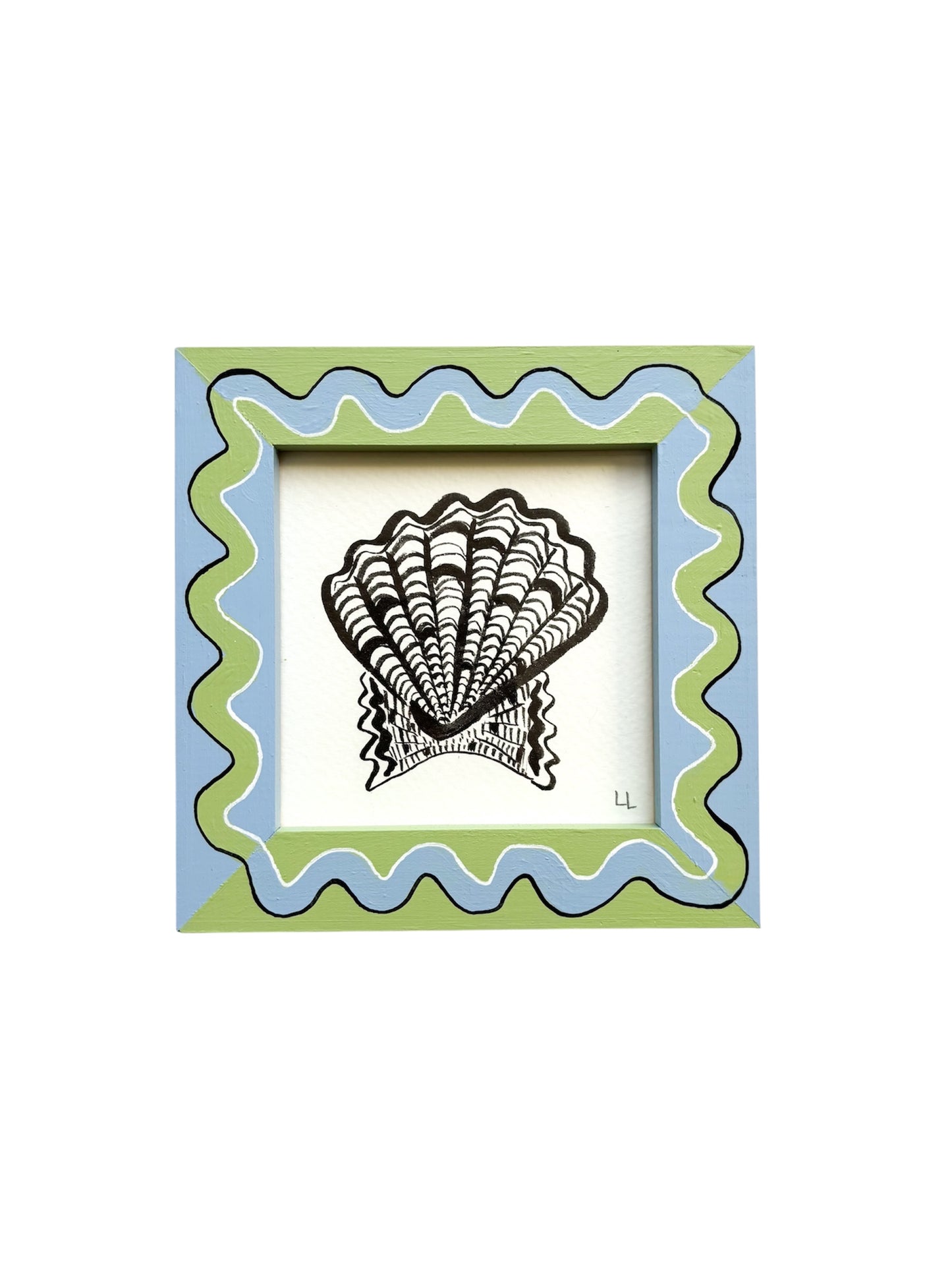 SCALLOP ORIGINAL INK ARTWORK IN A HAND PAINTED BLUE AND GREEN PRELOVED FRAME