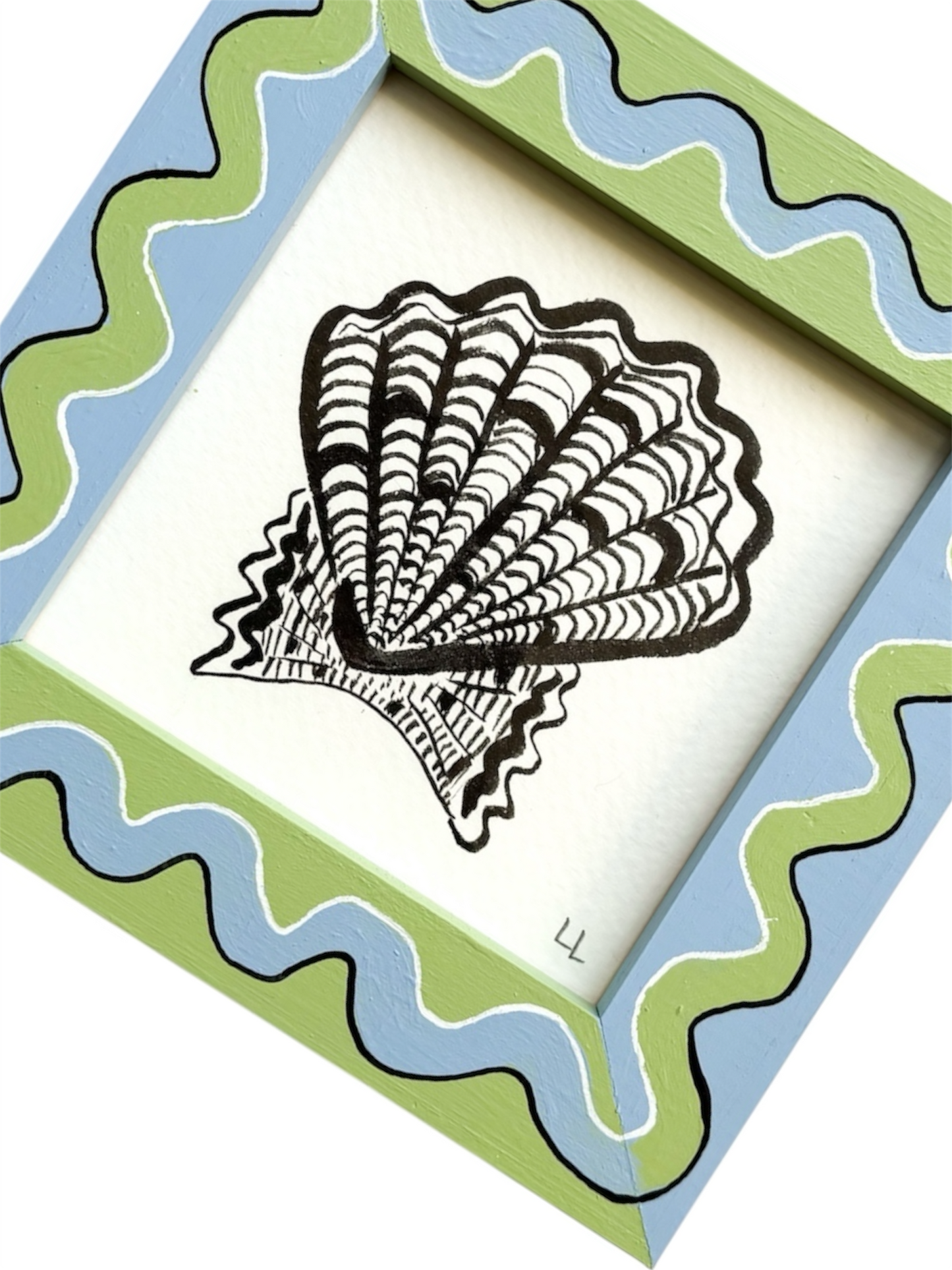 SCALLOP ORIGINAL INK ARTWORK IN A HAND PAINTED BLUE AND GREEN PRELOVED FRAME