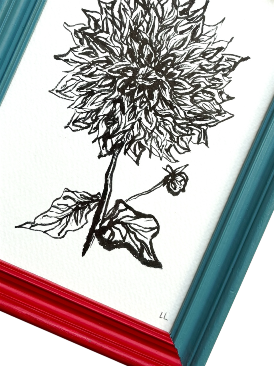 DAHLIA ORIGINAL INK ARTWORK IN A HAND PAINTED RED AND BLUE PRELOVED FRAME