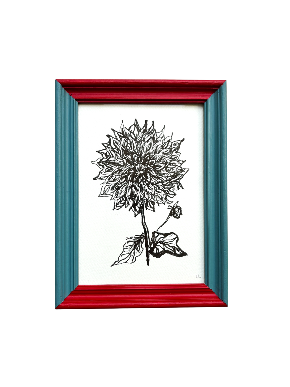 DAHLIA ORIGINAL INK ARTWORK IN A HAND PAINTED RED AND BLUE PRELOVED FRAME