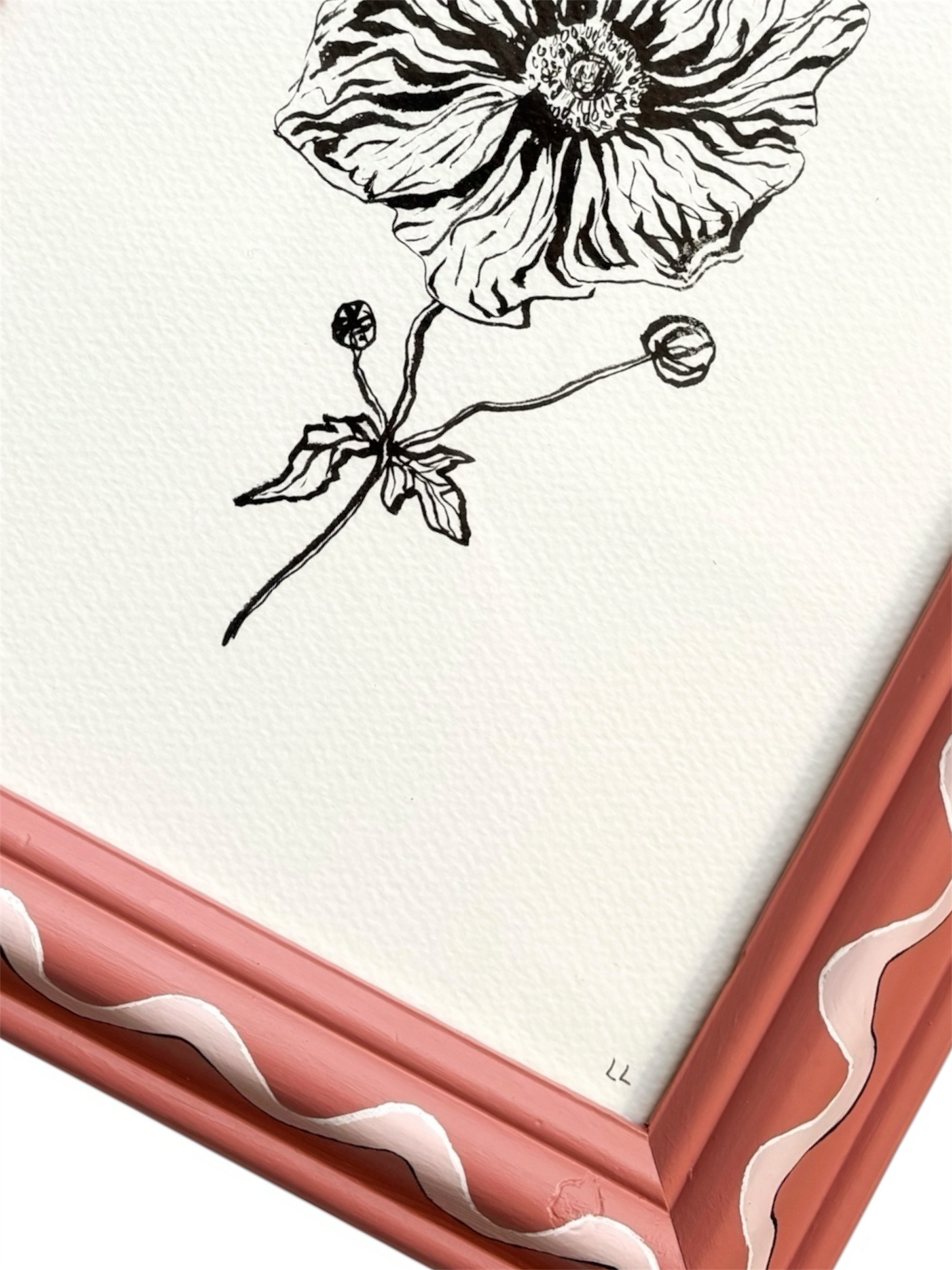 JAPANESE ANEMONE ORIGINAL INK ARTWORK IN A HAND PAINTED DARK PINK AND LIGHT PINK WIGGLE PRELOVED FRAME