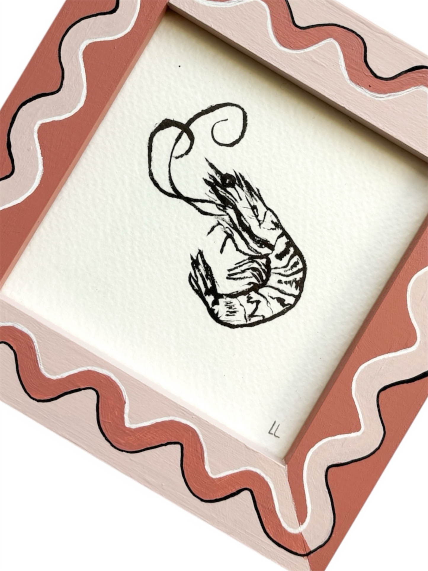 PRAWN ORIGINAL INK ARTWORK IN A HAND PAINTED DARK PINK AND LIGHT PINK PRELOVED FRAME