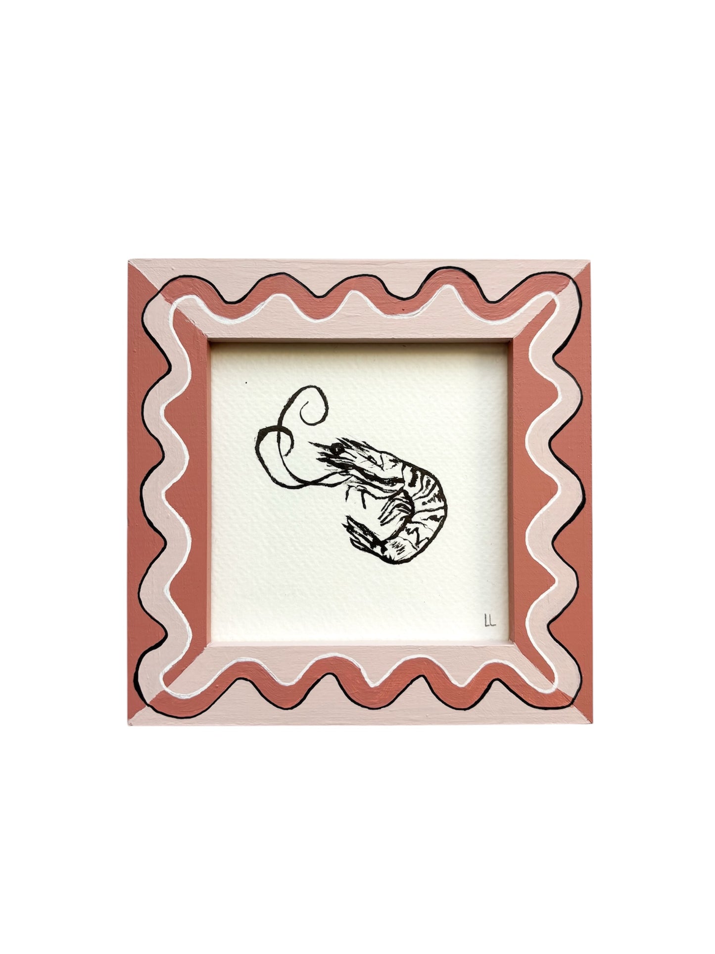 PRAWN ORIGINAL INK ARTWORK IN A HAND PAINTED DARK PINK AND LIGHT PINK PRELOVED FRAME