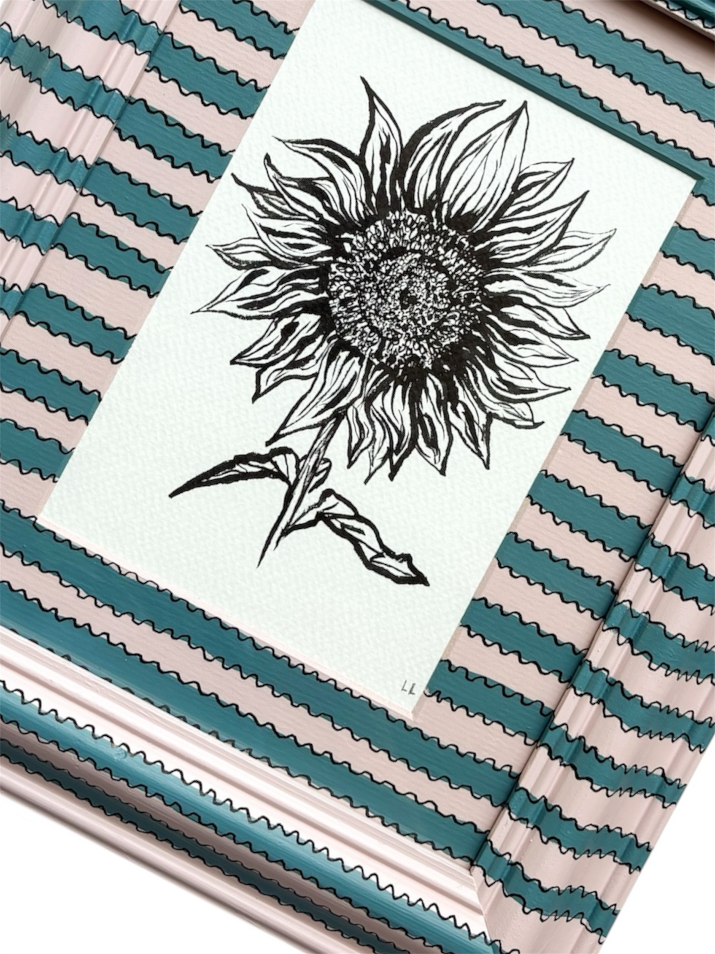 SUNFLOWER ORIGINAL INK ARTWORK IN A HAND PAINTED PINK AND BLUE STRIPED PRELOVED FRAME