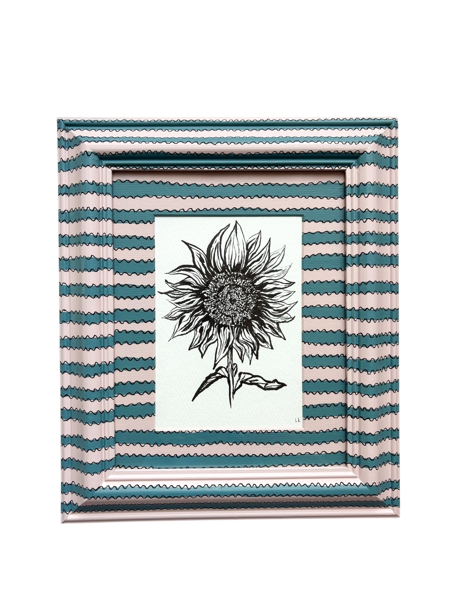 SUNFLOWER ORIGINAL INK ARTWORK IN A HAND PAINTED PINK AND BLUE STRIPED PRELOVED FRAME