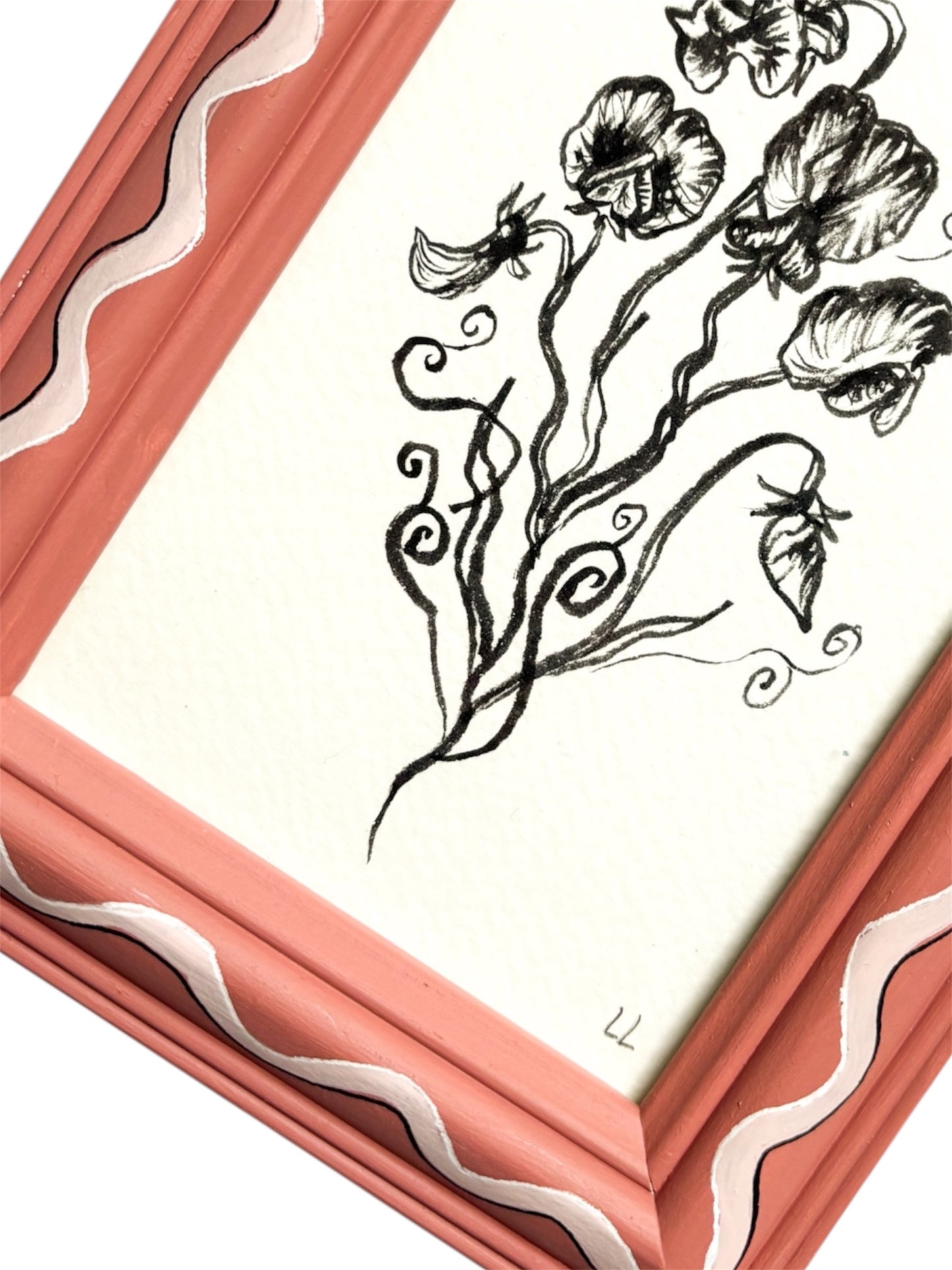 SWEETPEA ORIGINAL INK ARTWORK IN A HAND PAINTED DARK PINK AND LIGHT PINK PRELOVED FRAME