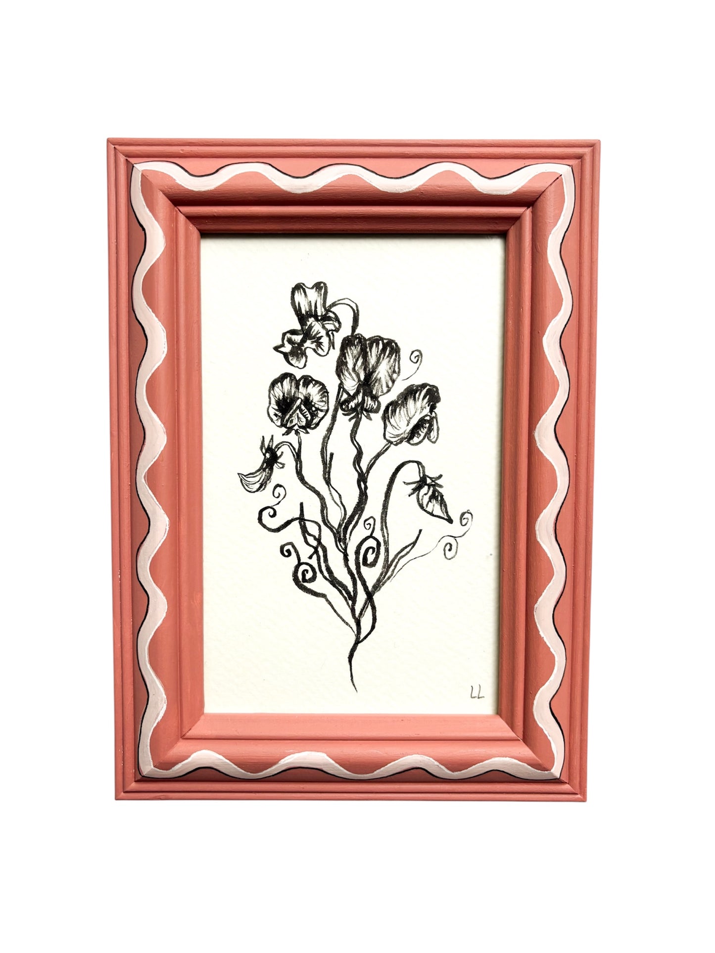 SWEETPEA ORIGINAL INK ARTWORK IN A HAND PAINTED DARK PINK AND LIGHT PINK PRELOVED FRAME