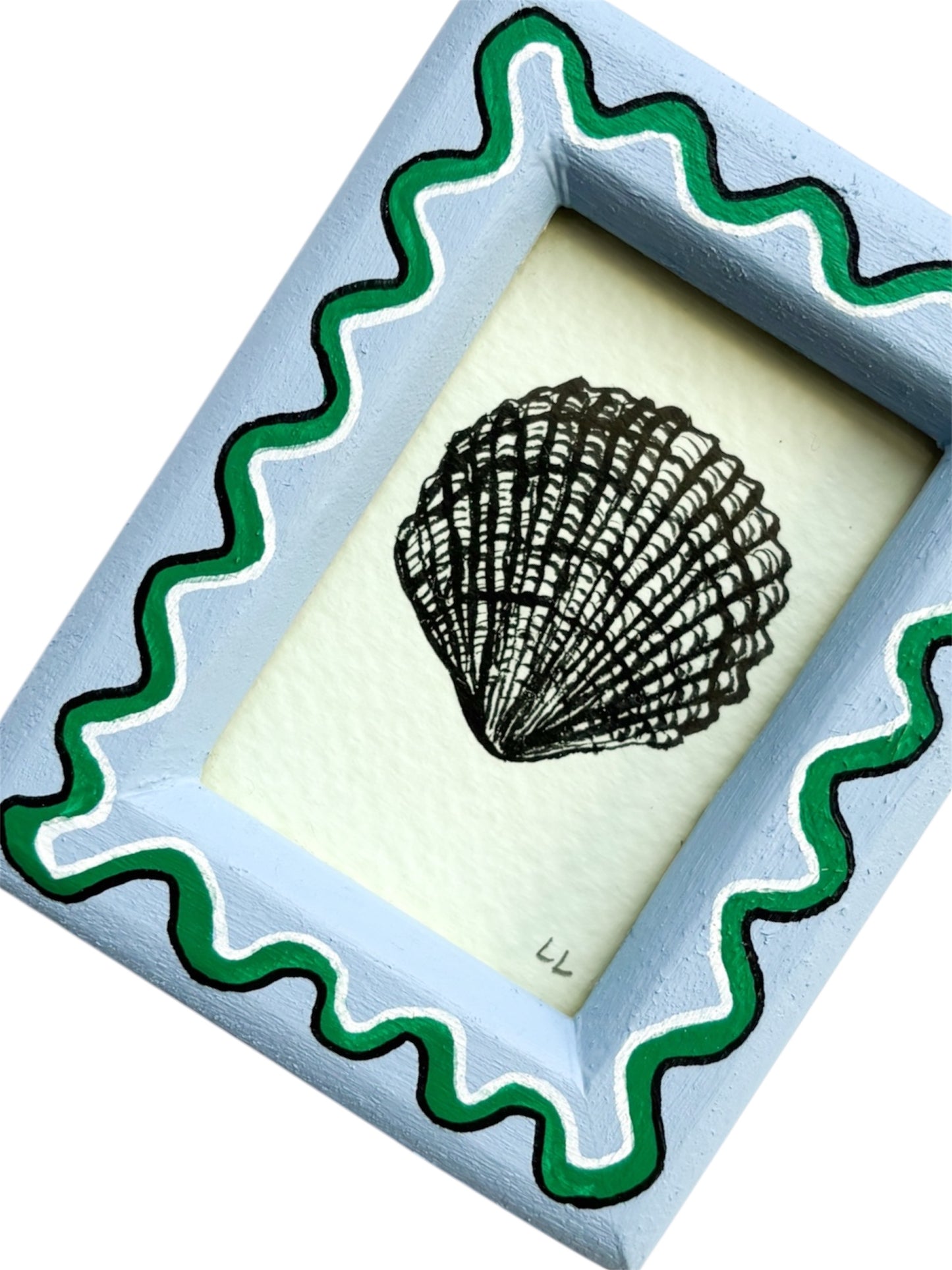 MINI SCALLOP ORIGINAL INK ARTWORK IN A HAND PAINTED BLUE AND GREEN WIGGLE FRAME