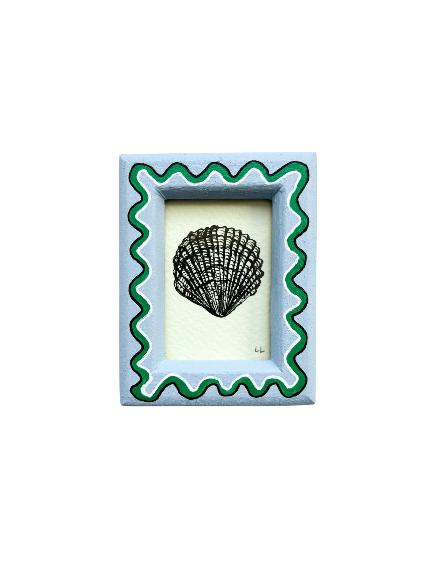 MINI SCALLOP ORIGINAL INK ARTWORK IN A HAND PAINTED BLUE AND GREEN WIGGLE FRAME