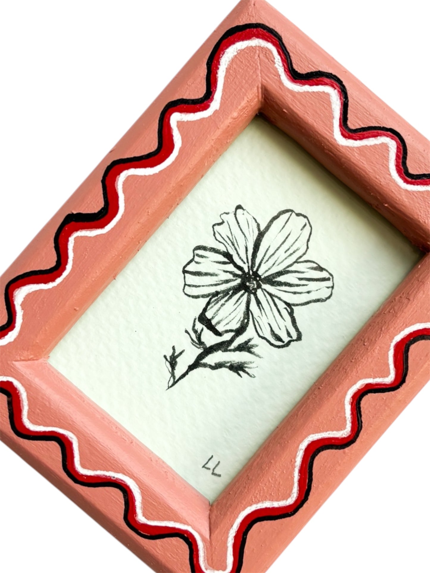 MINI COSMOS ORIGINAL INK ARTWORK IN A HAND PAINTED PINK AND RED WIGGLE FRAME