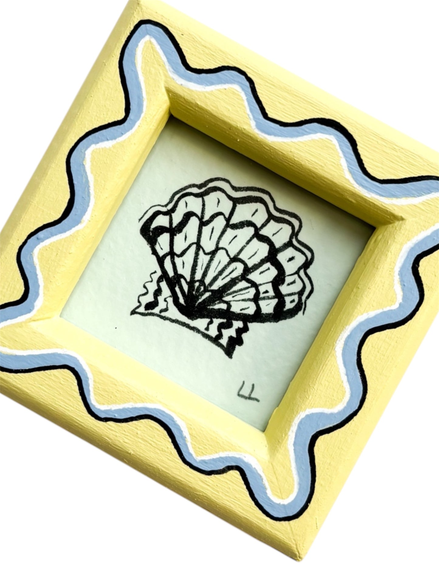 MINI SCALLOP ORIGINAL INK ARTWORK IN A HAND PAINTED YELLOW AND BLUE WIGGLE FRAME