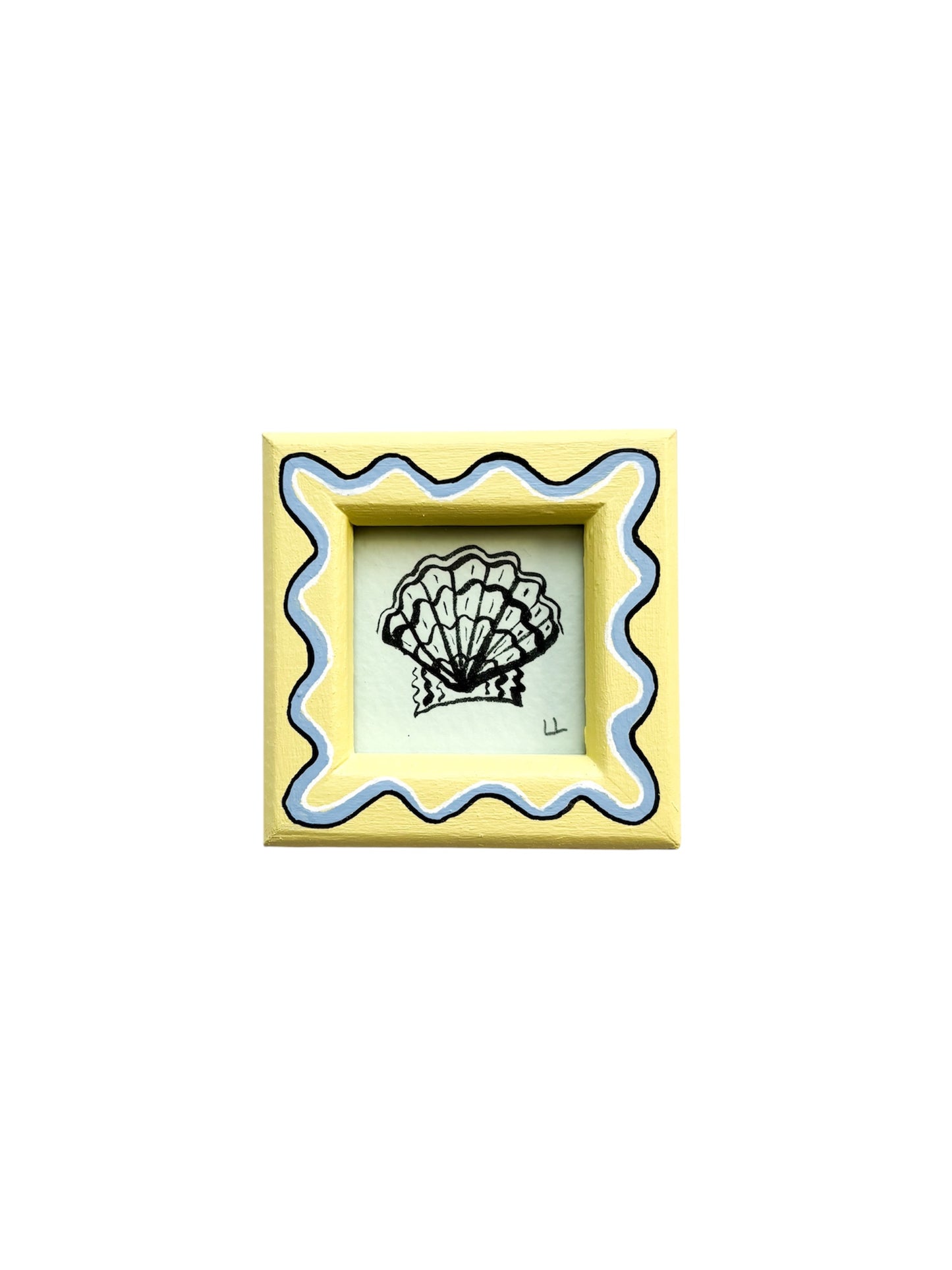 MINI SCALLOP ORIGINAL INK ARTWORK IN A HAND PAINTED YELLOW AND BLUE WIGGLE FRAME