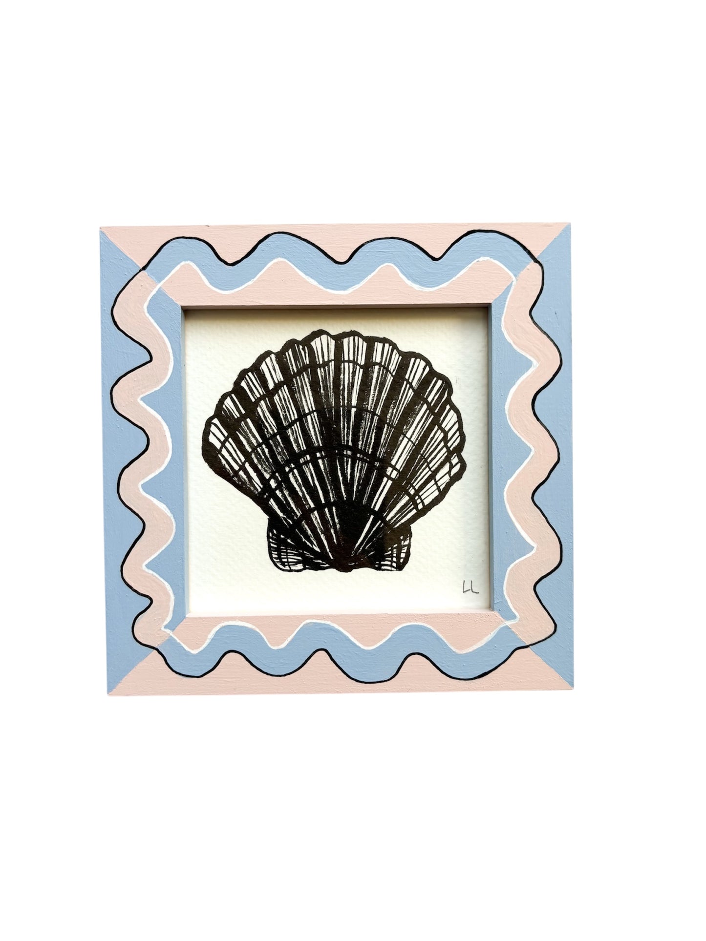 SCALLOP ORIGINAL INK ARTWORK IN A HAND PAINTED BLUE AND LIGHT PINK PRELOVED FRAME