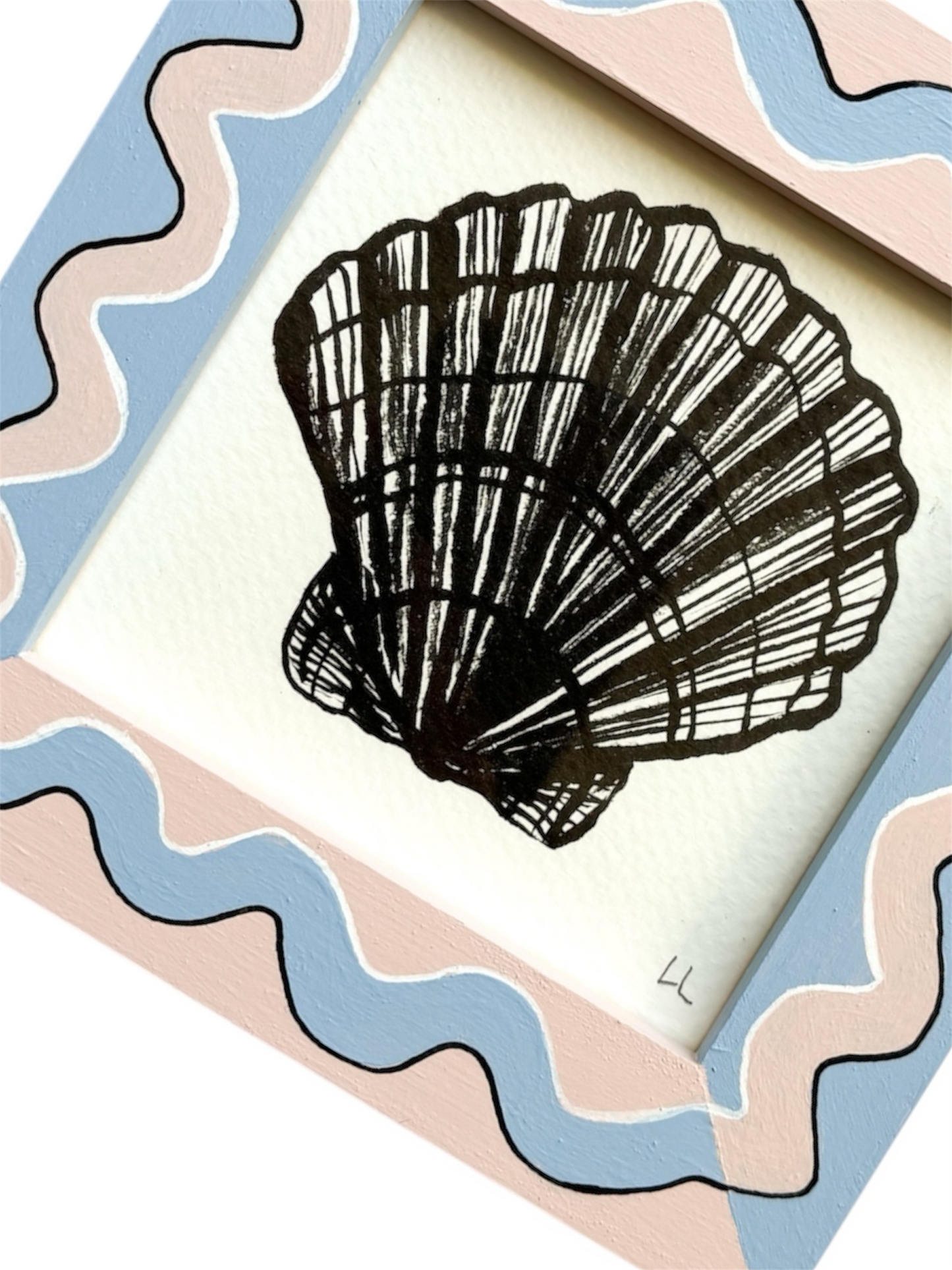 SCALLOP ORIGINAL INK ARTWORK IN A HAND PAINTED BLUE AND LIGHT PINK PRELOVED FRAME