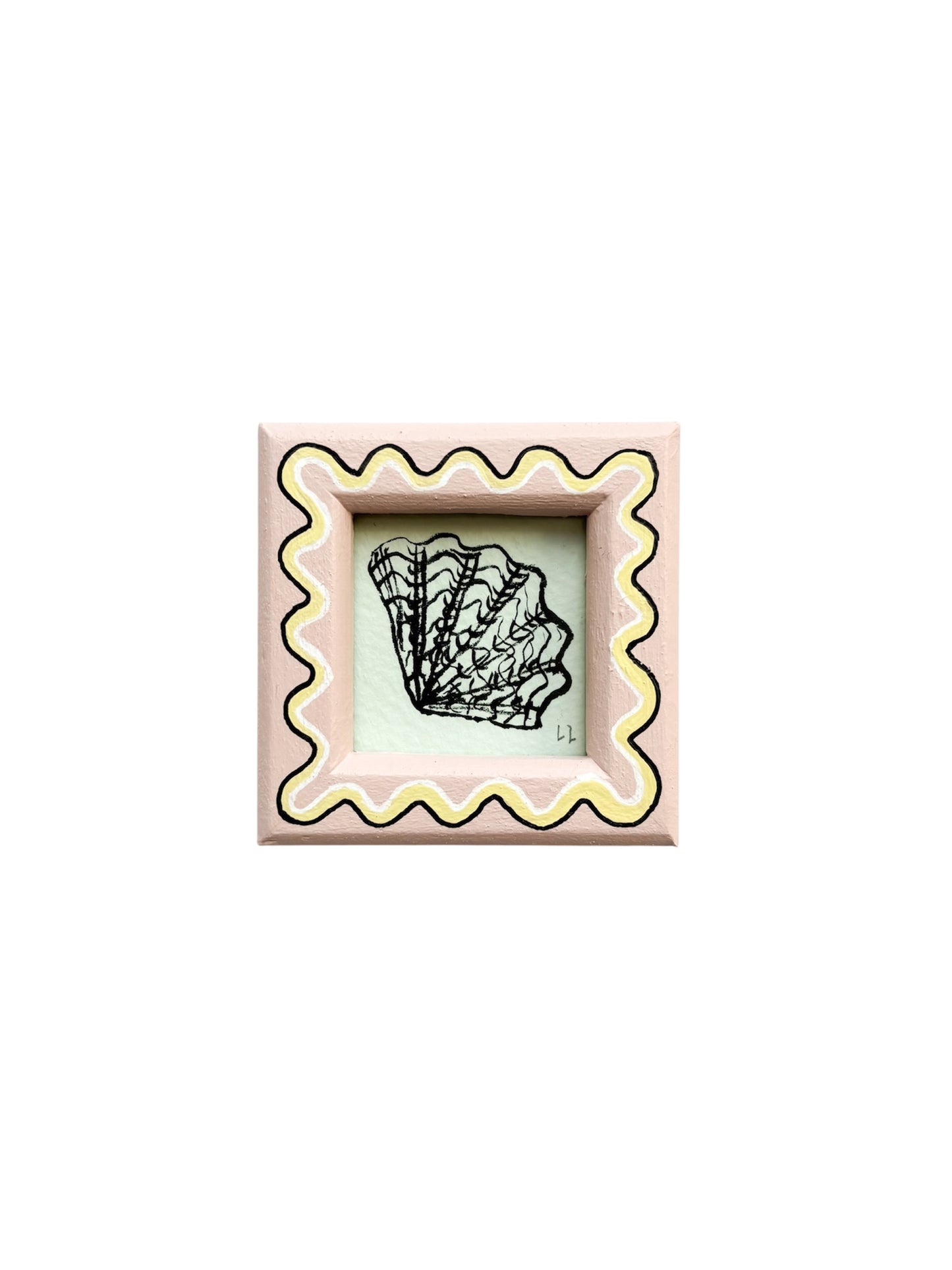 MINI SHELL ORIGINAL INK ARTWORK IN A HAND PAINTED PINK AND YELLOW WIGGLE FRAME