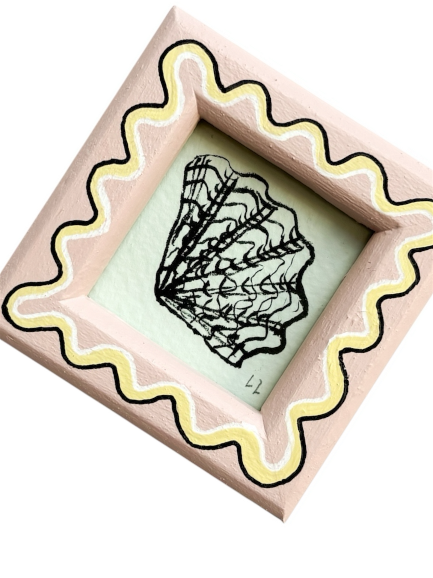 MINI SHELL ORIGINAL INK ARTWORK IN A HAND PAINTED PINK AND YELLOW WIGGLE FRAME