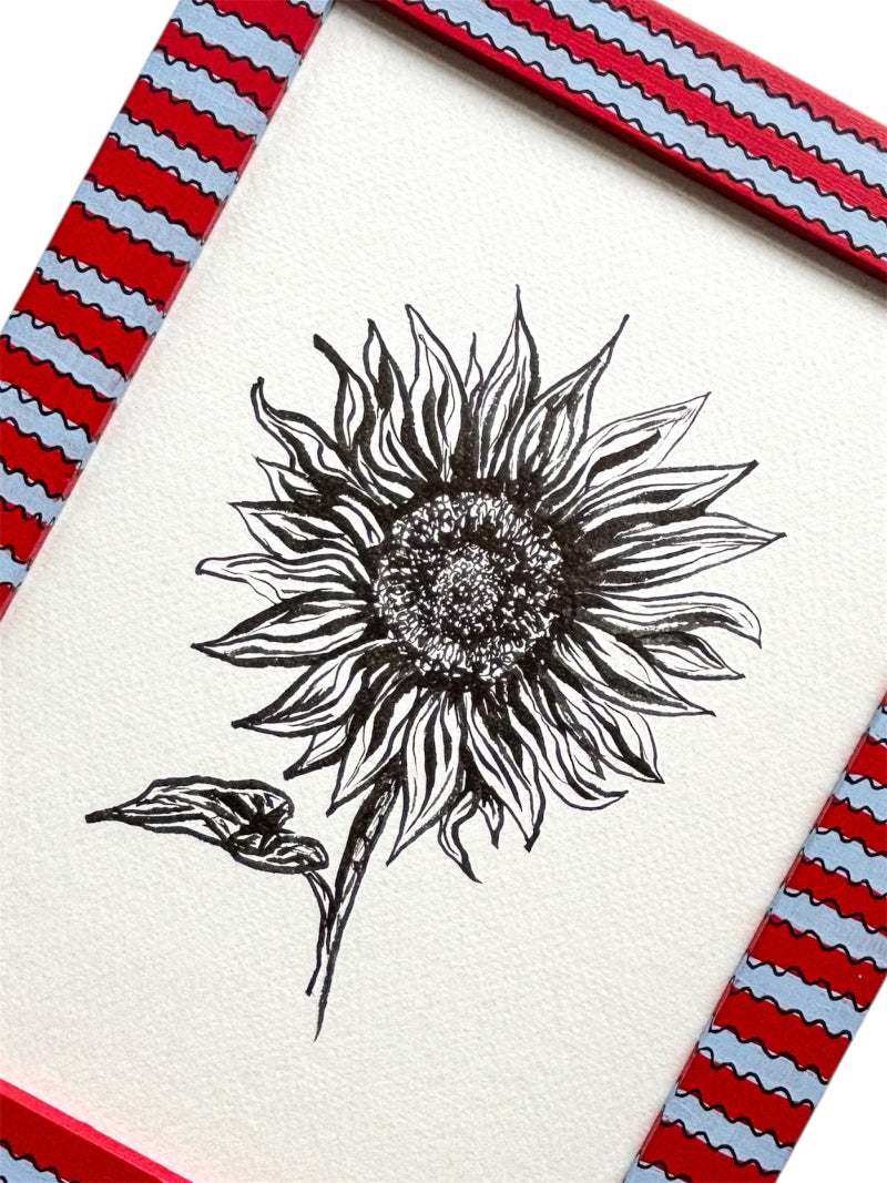 SUNFLOWER ORIGINAL INK ARTWORK IN A HAND PAINTED RED AND BLUE WIGGLE STRIPED PRELOVED FRAME