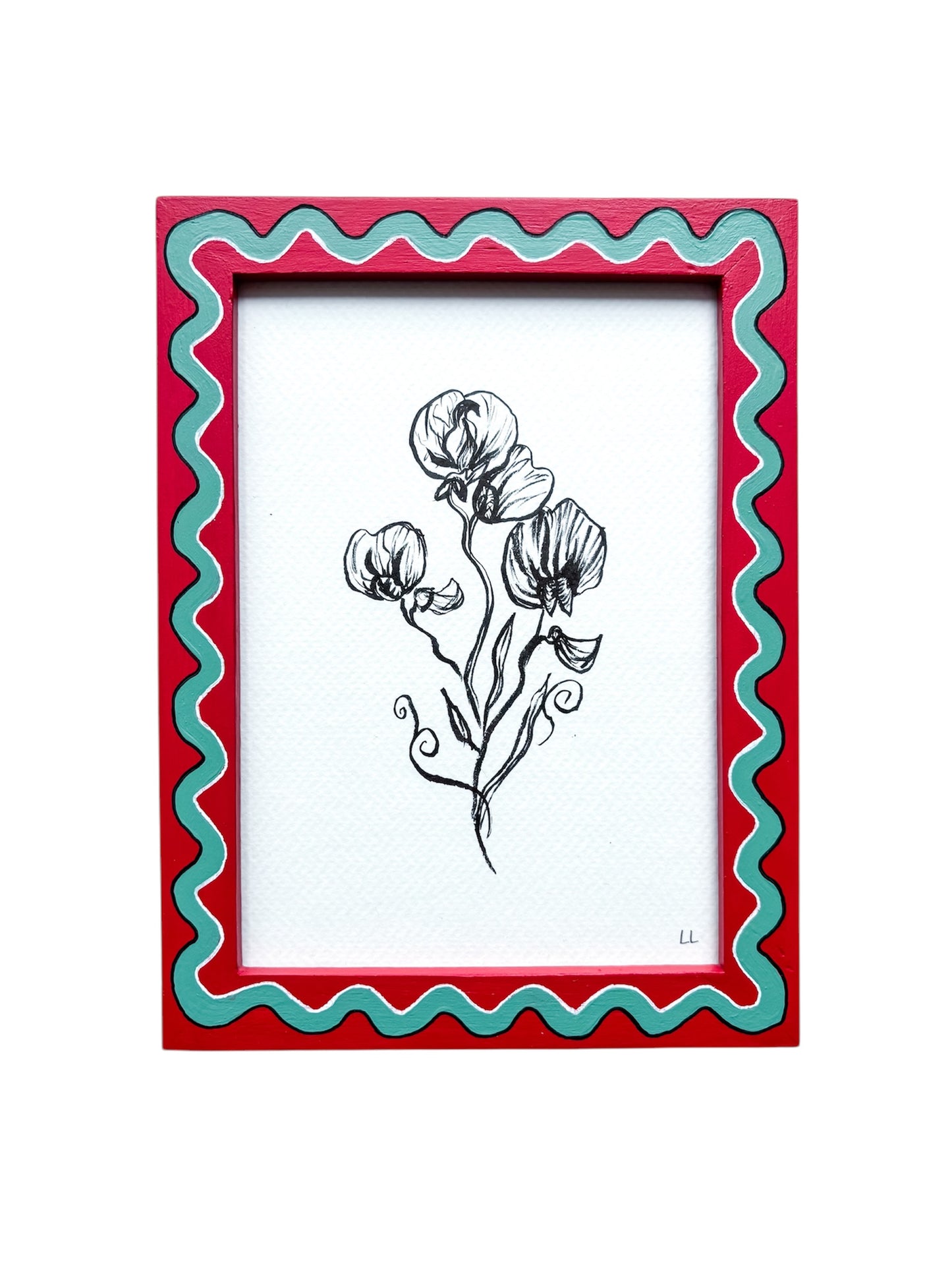 SWEETPEA ORIGINAL INK ARTWORK IN A HAND PAINTED RED AND GREEN PRELOVED FRAME