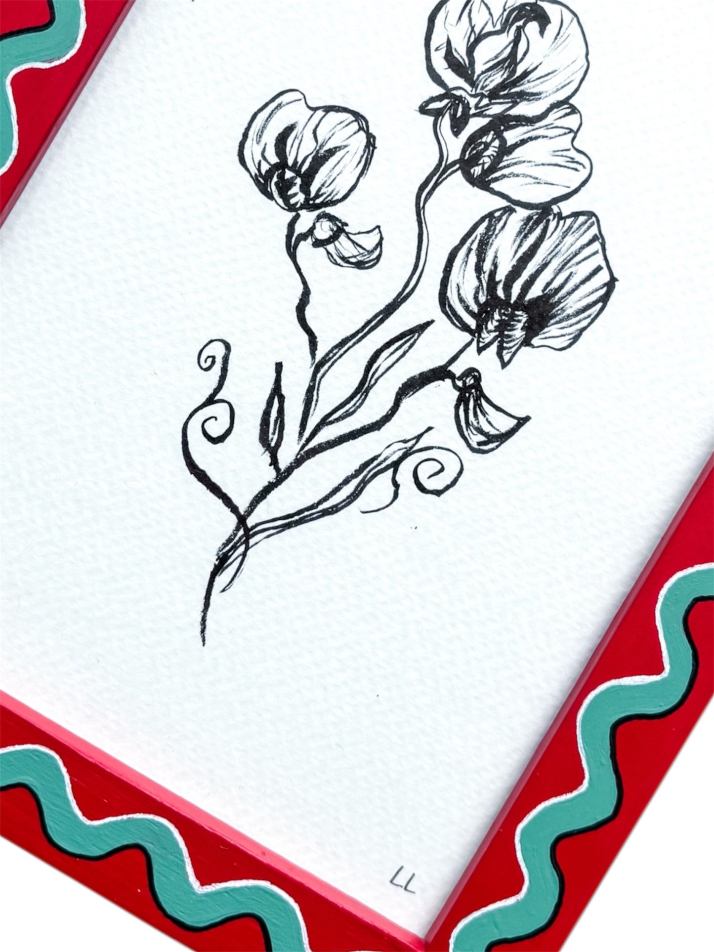 SWEETPEA ORIGINAL INK ARTWORK IN A HAND PAINTED RED AND GREEN PRELOVED FRAME