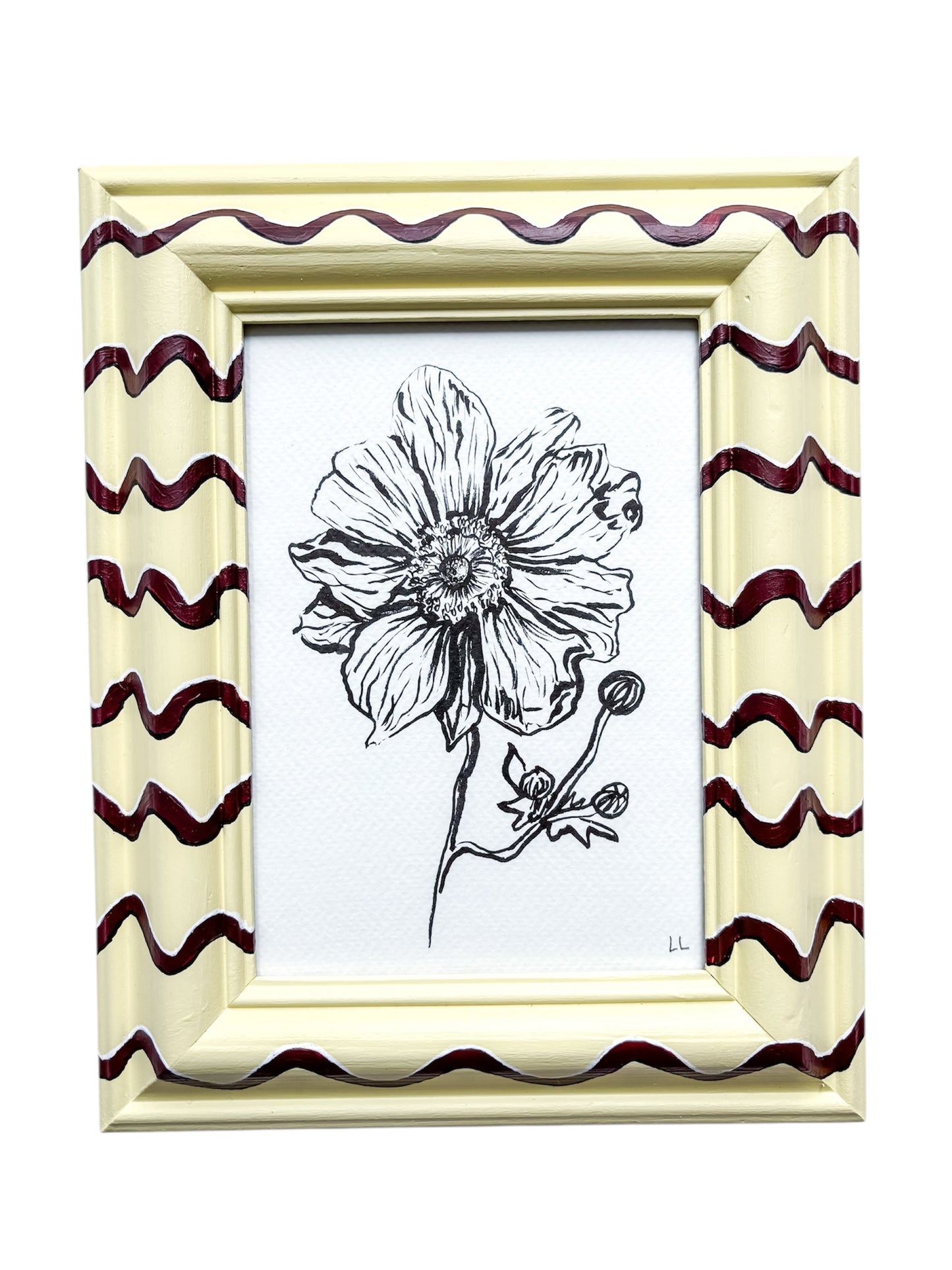 JAPANESE ANEMONE ORIGINAL INK ARTWORK IN A HAND PAINTED YELLOW AND BURGUNDY PRELOVED FRAME