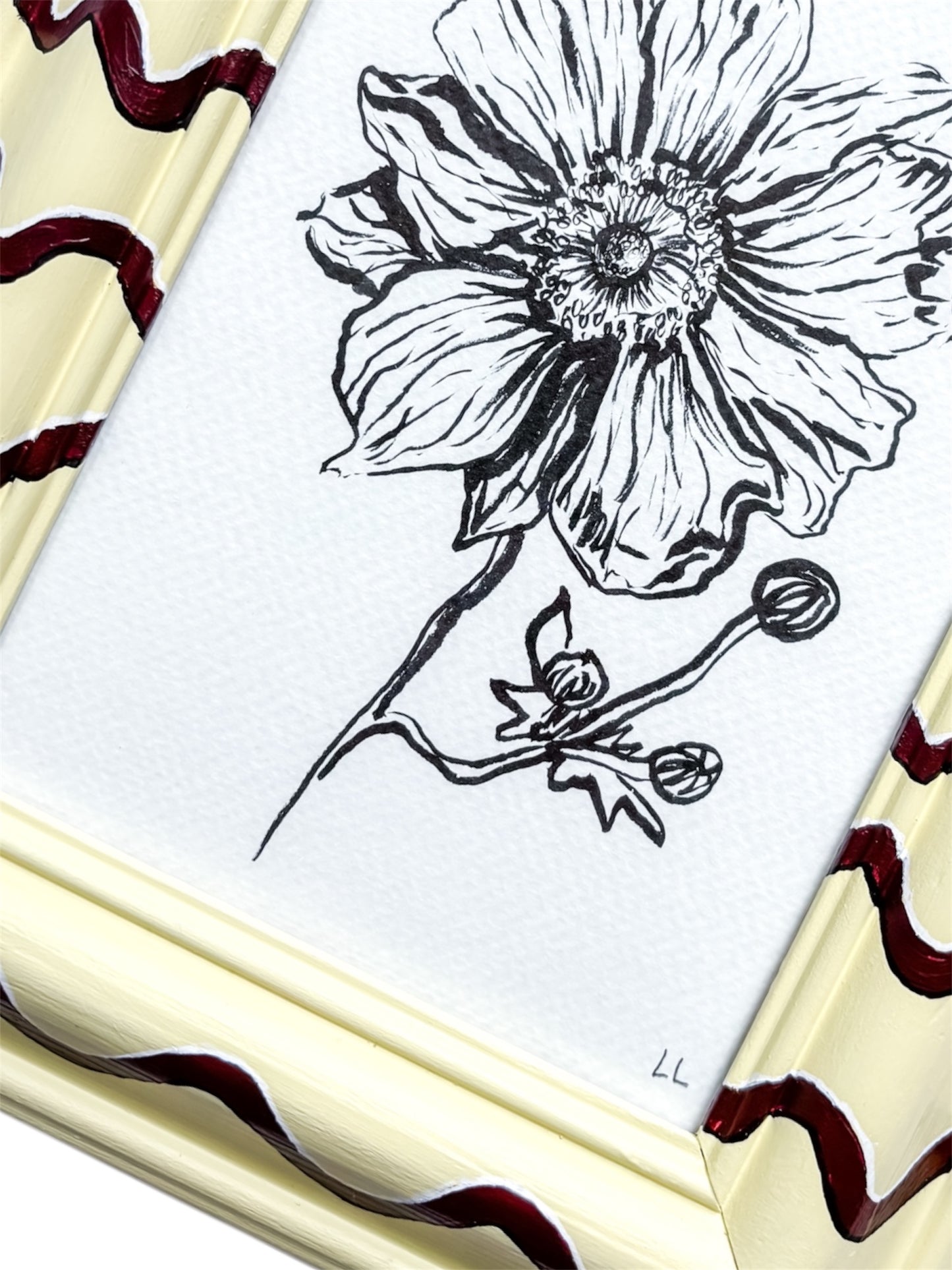 JAPANESE ANEMONE ORIGINAL INK ARTWORK IN A HAND PAINTED YELLOW AND BURGUNDY PRELOVED FRAME