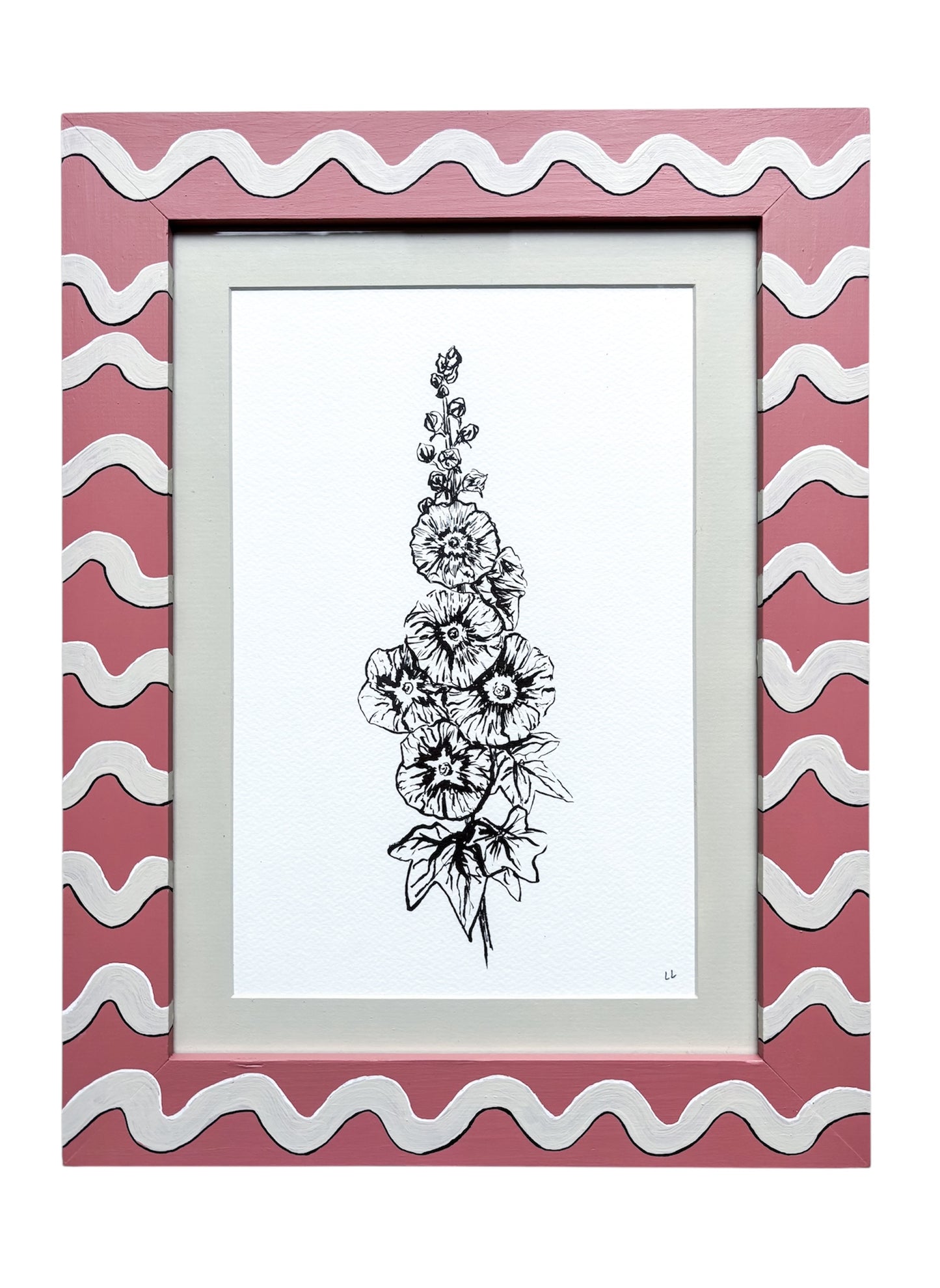 LARGE HOLLYHOCK ORIGINAL INK ARTWORK IN A HAND PAINTED PINK AND CREAM PRELOVED FRAME