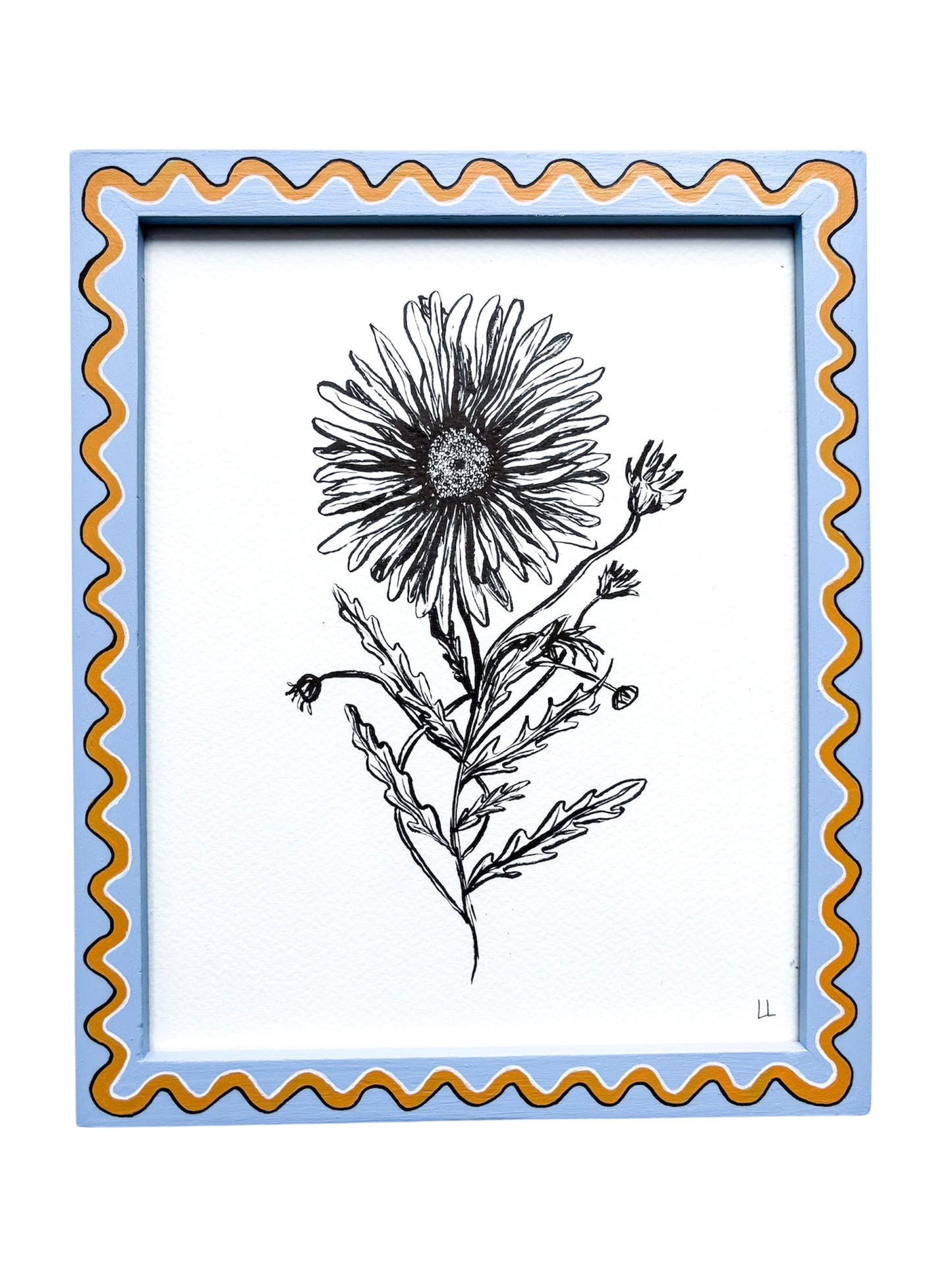 LARGE DAISY ORIGINAL INK ARTWORK IN A HAND PAINTED BLUE AND MUSTARD PRELOVED FRAME