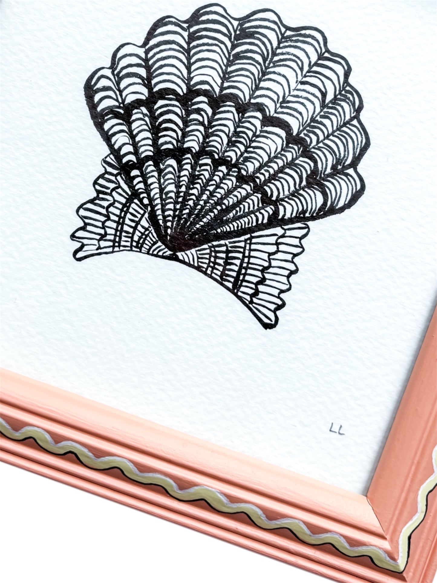 SCALLOP SHELL ORIGINAL INK ARTWORK IN A HAND PAINTED CORAL AND YELLOW PRELOVED FRAME