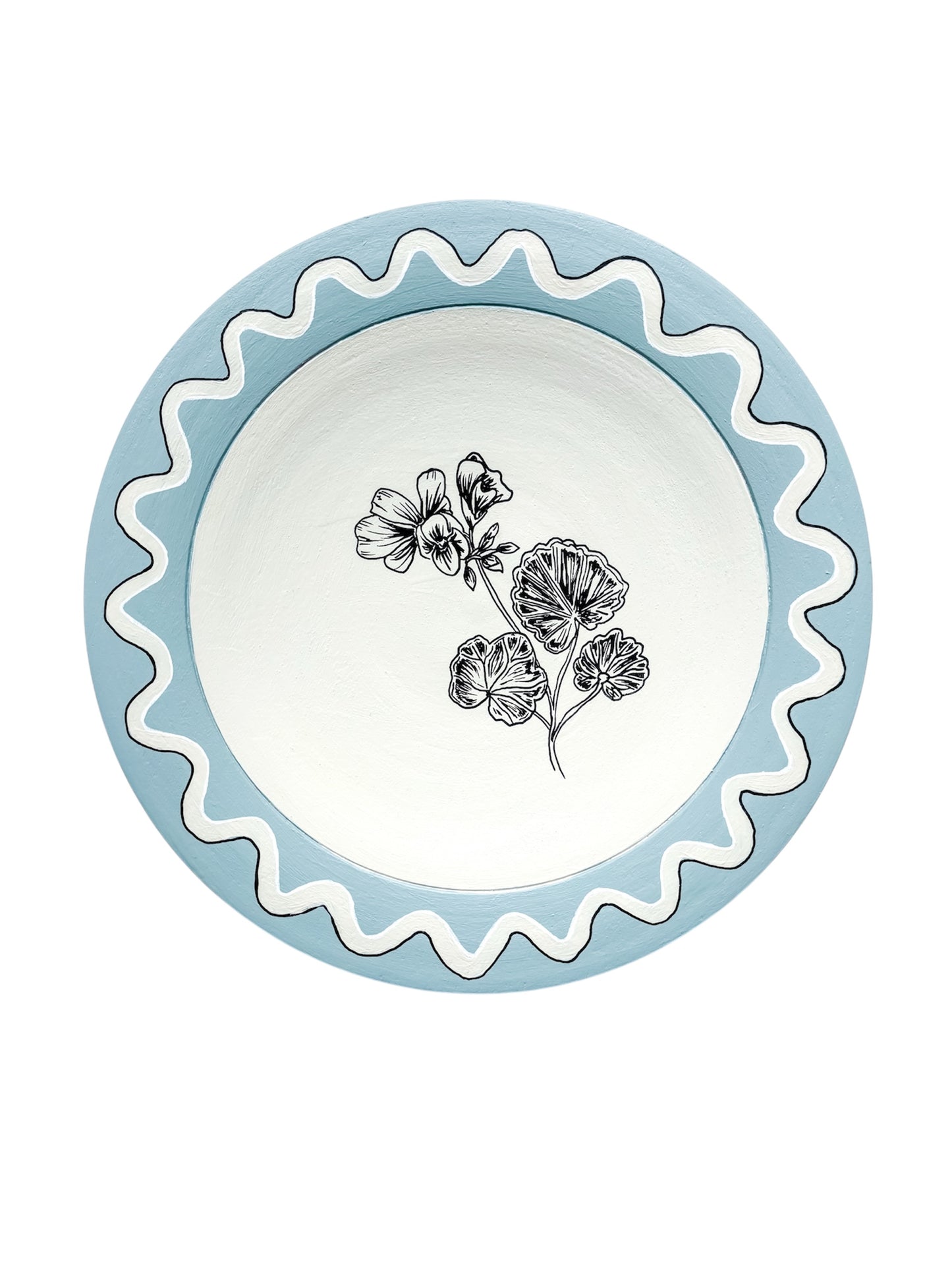 GERANIUM ORIGINAL ARTWORK ON A HAND PAINTED BLUE AND CREAM PRELOVED WOODEN PLATE