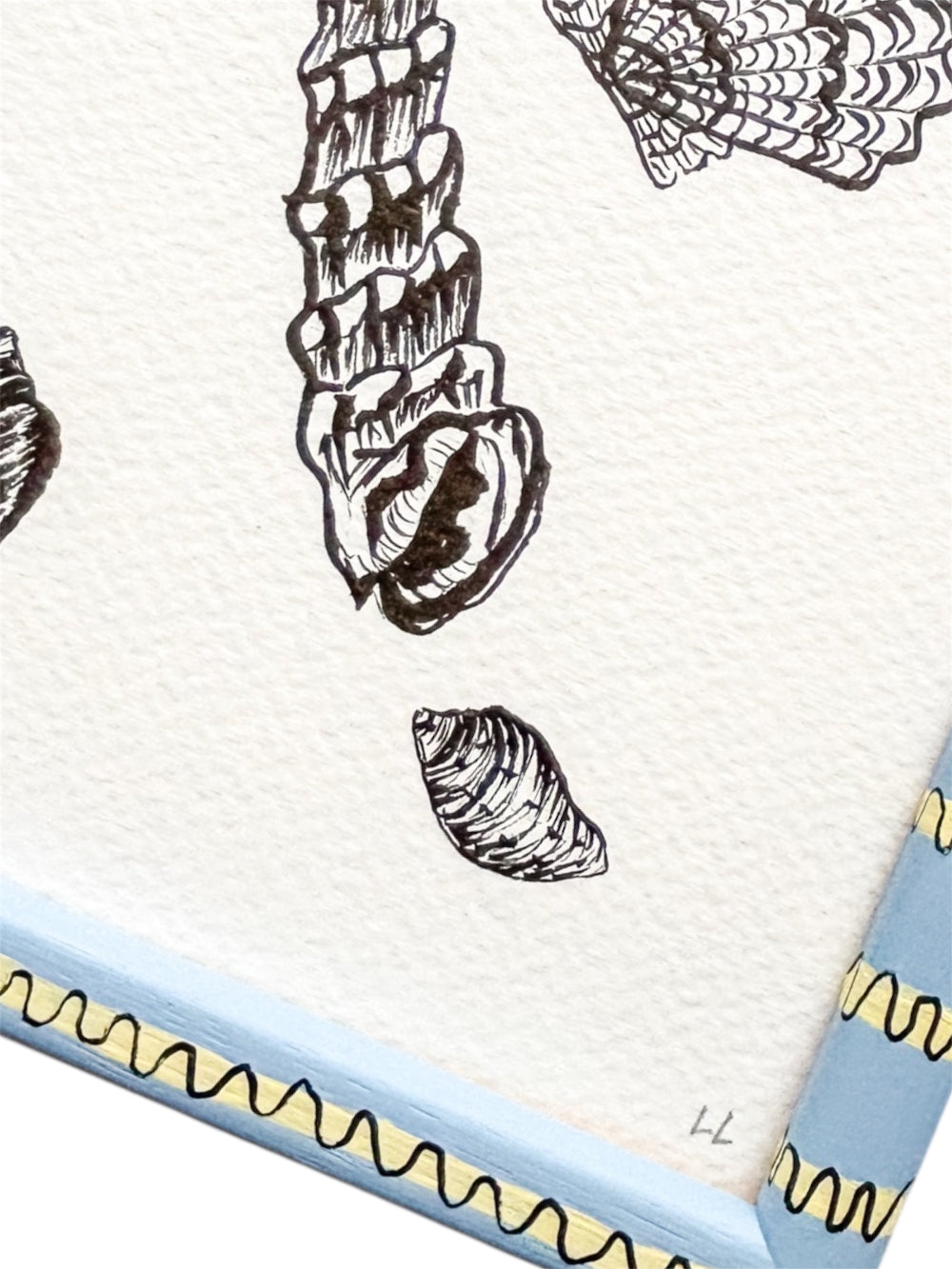 SCATTERED SHELLS ORIGINAL INK ARTWORK IN A HAND PAINTED YELLOW AND BLUE STRIPE PRELOVED FRAME