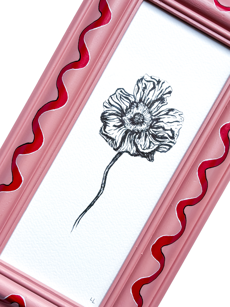ICELANDIC POPPY ORIGINAL INK ARTWORK IN A HAND PAINTED PINK AND RED PRELOVED FRAME