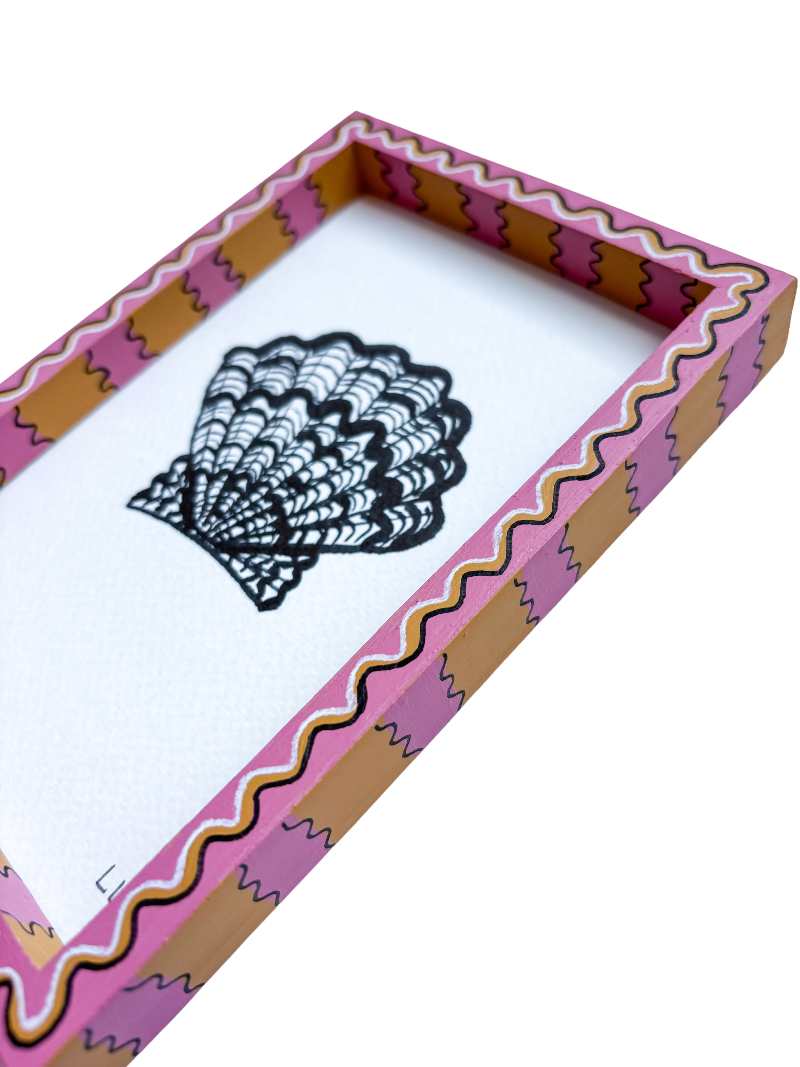 SCALLOP SHELL ORIGINAL INK ARTWORK IN A HAND PAINTED PINK AND YELLOW PRELOVED FRAME
