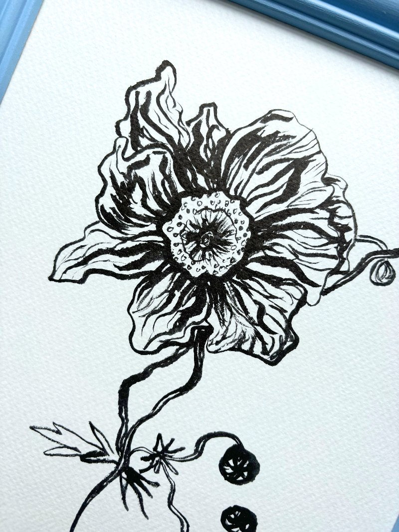 JAPANESE ANEMONE ORIGINAL INK ARTWORK IN A HAND PAINTED BLUE AND RED FRAME