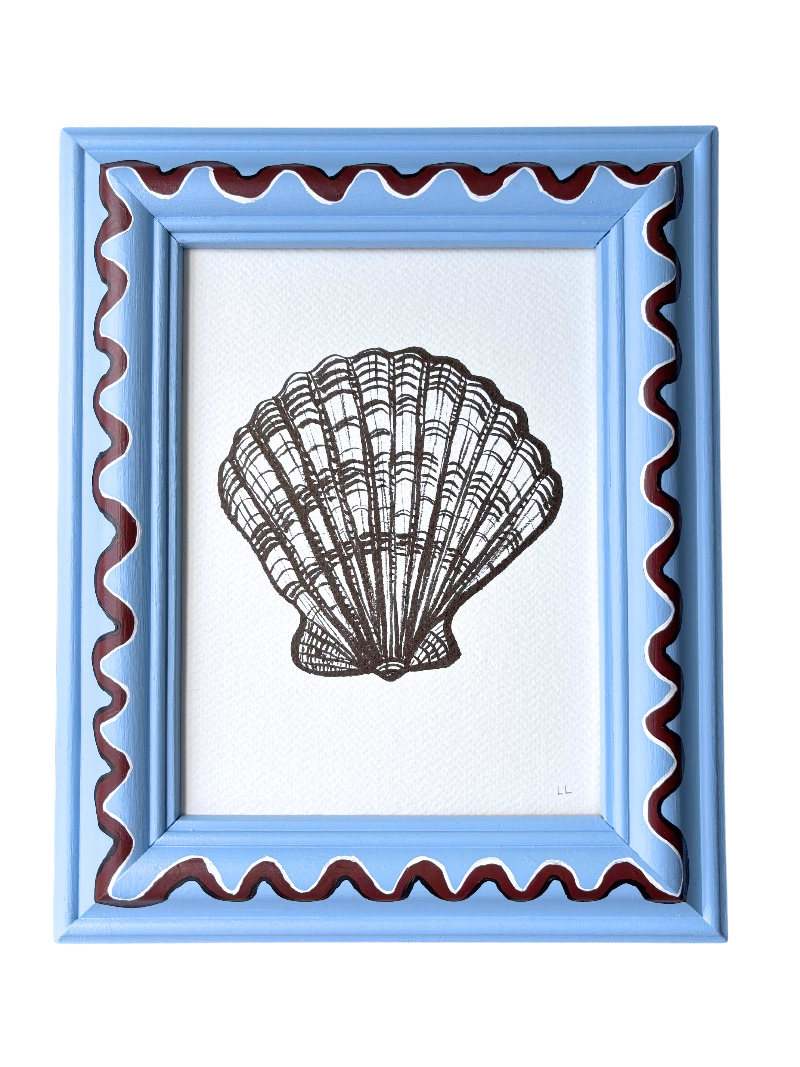 SCALLOP ORIGINAL INK DRAWING IN HAND PAINTED FRAME