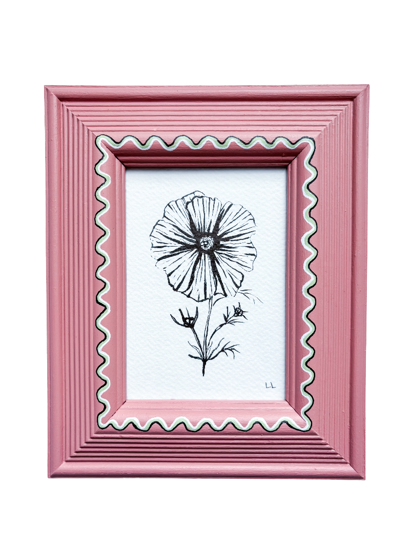 COSMOS ORIGINAL INK ARTWORK IN A HAND PAINTED PINK WITH GREEN WIGGLE FRAME