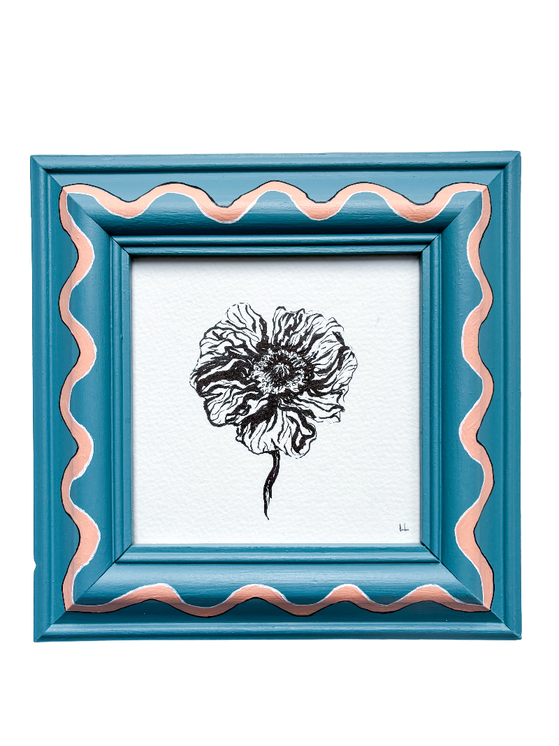 ICELANDIC POPPY ORIGINAL INK ARTWORK IN A HAND PAINTED BLUE AND PINK PRELOVED FRAME