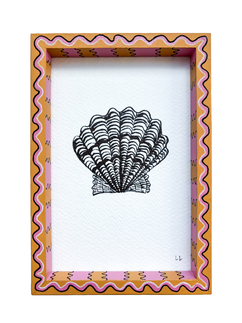 SCALLOP SHELL ORIGINAL INK ARTWORK IN A HAND PAINTED YELLOW AND PINK PRELOVED FRAME