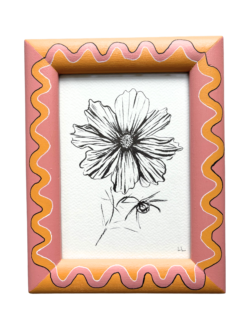 COSMOS ORIGINAL INK DRAWING IN HAND PAINTED PINK AND YELLOW FRAME