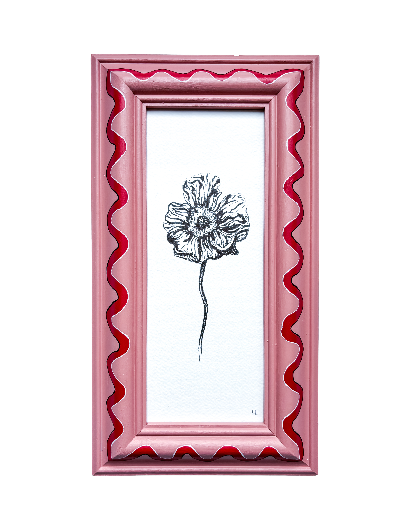 ICELANDIC POPPY ORIGINAL INK ARTWORK IN A HAND PAINTED PINK AND RED PRELOVED FRAME