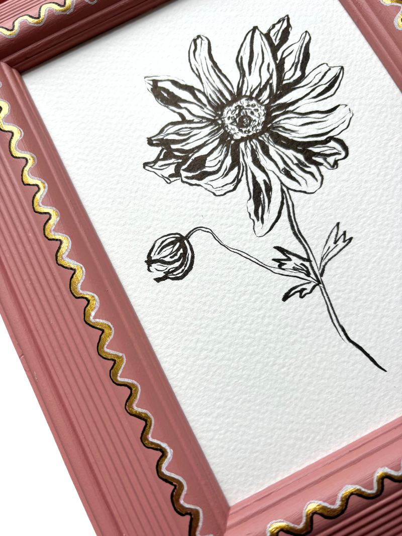 JAPANESE ANEMONE ORIGINAL INK DRAWING IN HAND PAINTED PINK AND GOLD FRAME