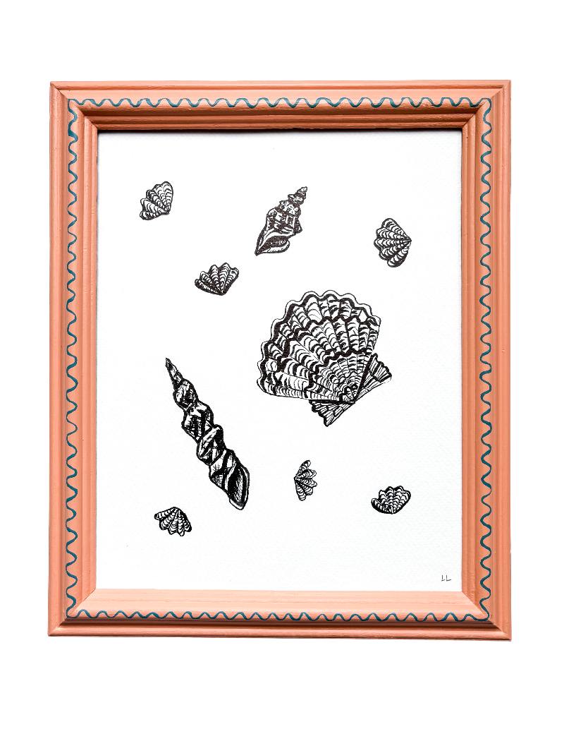 SCATTERED SHELLS ORIGINAL INK ARTWORK IN A HAND PAINTED CORAL AND BLUE PRELOVED FRAME