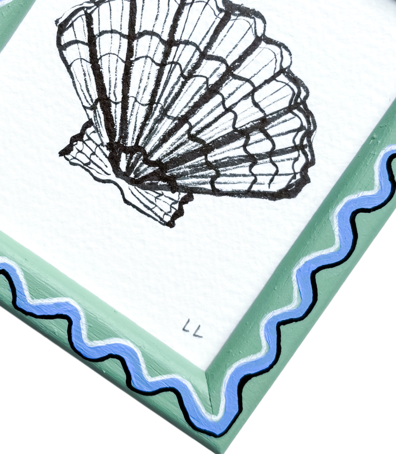 MINI SCALLOP ORIGINAL INK ARTWORK IN A HAND PAINTED GREEN AND BLUE WIGGLE FRAME