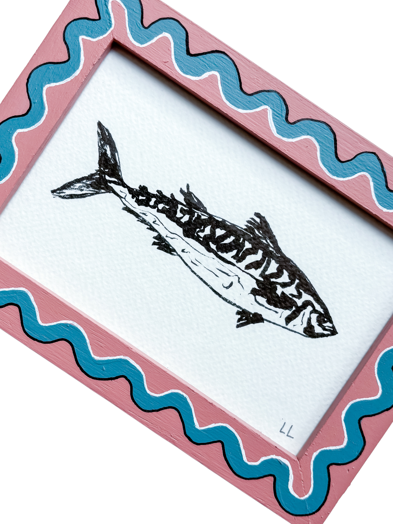 FISH ORIGINAL INK ARTWORK IN A HAND PAINTED PINK AND BLUE PRELOVED FRAME