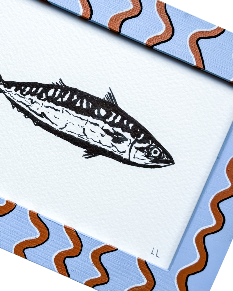 FISH ORIGINAL INK ARTWORK IN A HAND PAINTED BLUE AND TAN PRELOVED FRAME